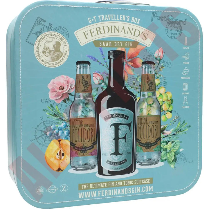 Ferdinand’s G&T Suitcase mit 2 Fl. Tonic Water (DR. POLIDORI Dry Tonic + Cucumber Tonic) 0,9l 44% - AllSpirits