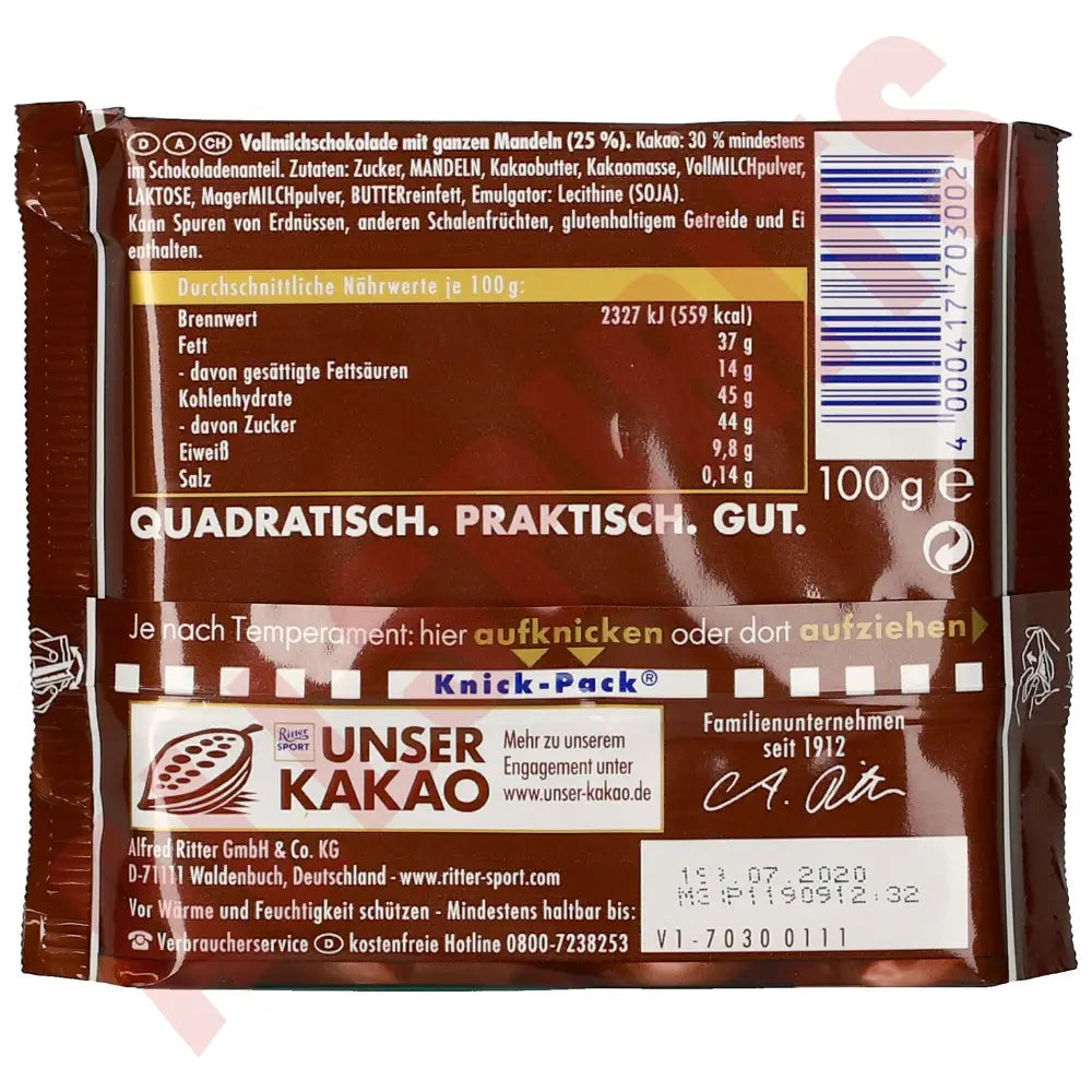 Ritter Sport Schokolade Nussklasse Ganze Mandel 100g - AllSpirits