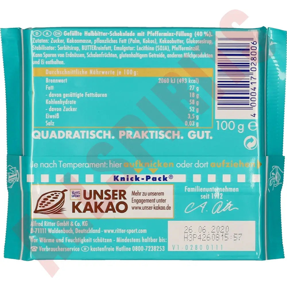 Ritter Sport Schokolade Pfefferminz 100g - AllSpirits